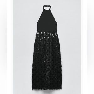 Zara Black Halter Sequin Midi Dress